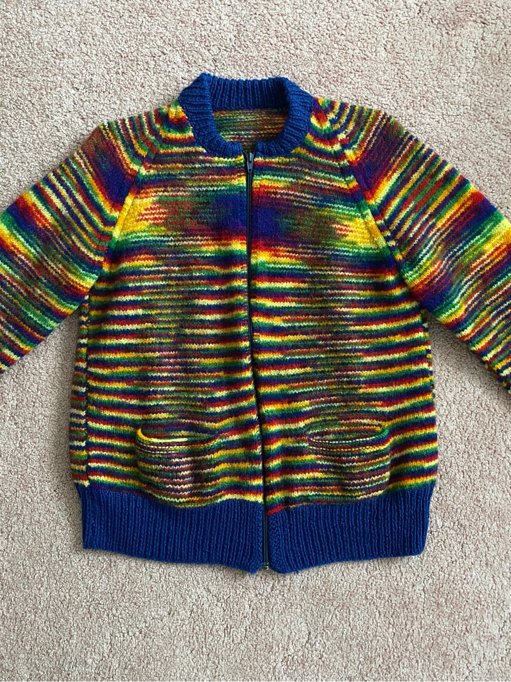 Vintage Wool Knit Rainbow Trippy Striped Zip-Up Sweater Jacket - Blue Trim